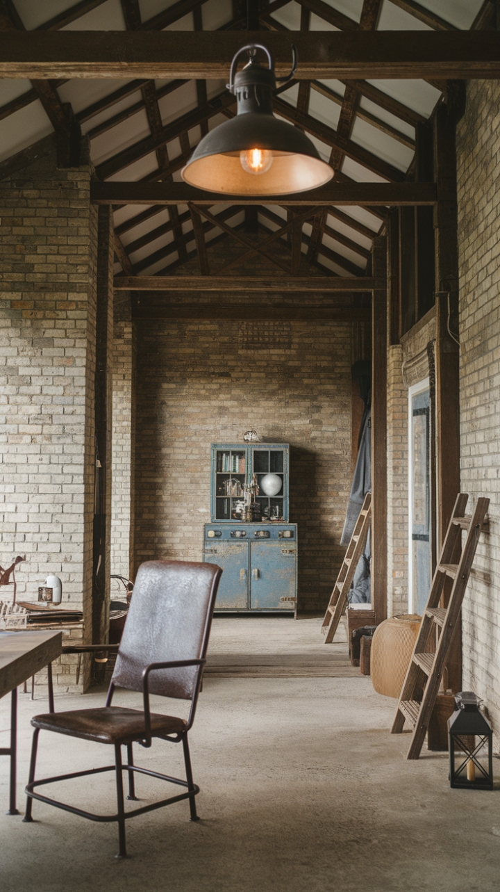 Raw textures and vintage treasures collide in this stunning industrial farmhouse. Reclaimed wood beams and exposed brick walls provide a dramatic canvas for a curated collection of industrial chic furniture and rustic accents. A vintage chair and cabinet add character, while a simple lantern and wooden ladder inject a touch of farmhouse warmth, resulting in a space that's both sophisticated and inviting.