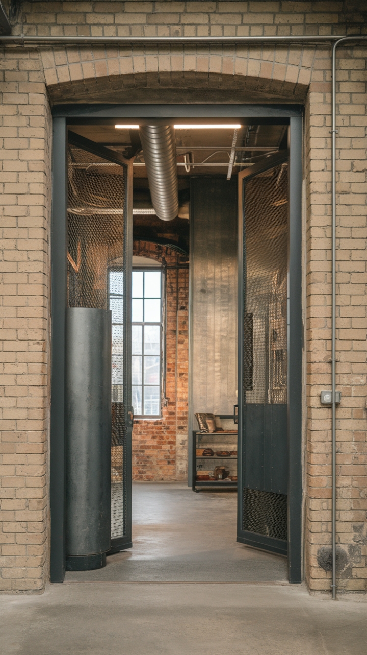 Imagine arriving home to this: a dramatic industrial hallway leading to a stunning loft foyer, all punctuated by the raw beauty of exposed brick and the cool gleam of metallic details. This isn't just an entryway; it's a statement.