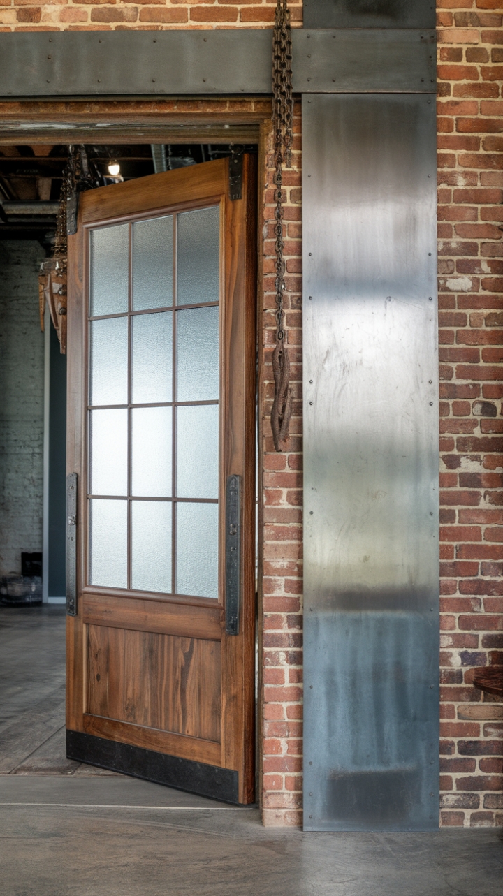 Imagine arriving home to this: a dramatic wooden door, framed by exposed brick and a cool metallic accent, welcomes you into your urban sanctuary. A heavy chain, a nod to industrial heritage, hangs above, adding a touch of unexpected whimsy. The concrete floor anchors the space, creating a sophisticated yet rugged ambiance that's pure, unadulterated style.
