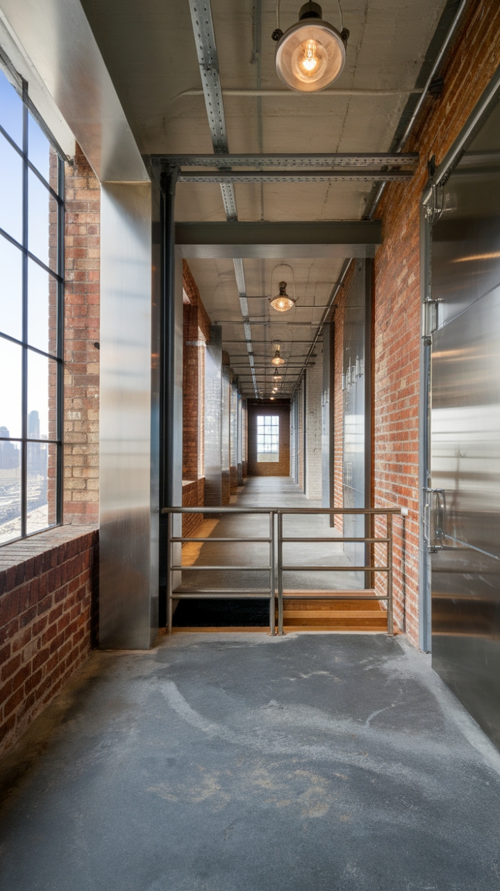 Sun-drenched and strikingly modern, this warehouse conversion boasts a dramatic entryway. Metallic details gleam against the textured brick and concrete, creating a captivating contrast. Floor-to-ceiling windows frame a breathtaking city view, promising a home as captivating as its entrance.