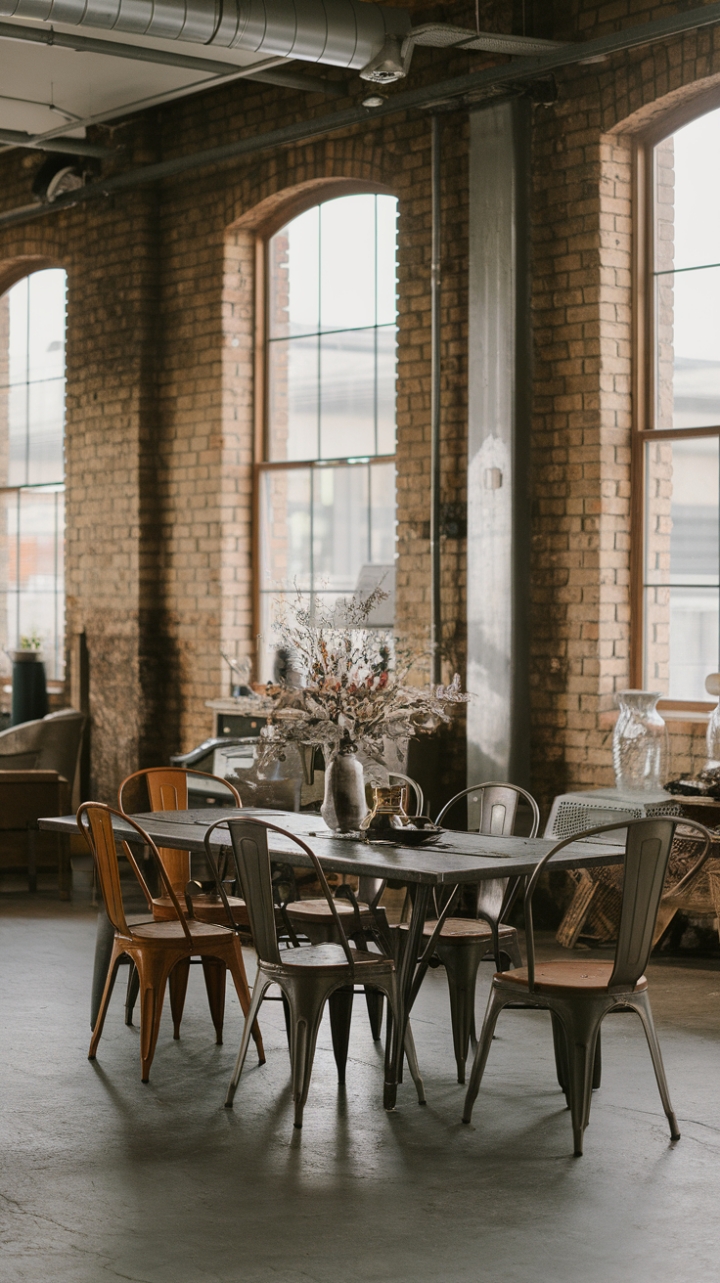 Ready to transform your dining space into an urban haven? This loft's exposed brick, metal furniture, and vintage chairs create a raw, industrial chic that's both stylish and inviting. The warehouse-inspired setting is perfect for unforgettable gatherings.
