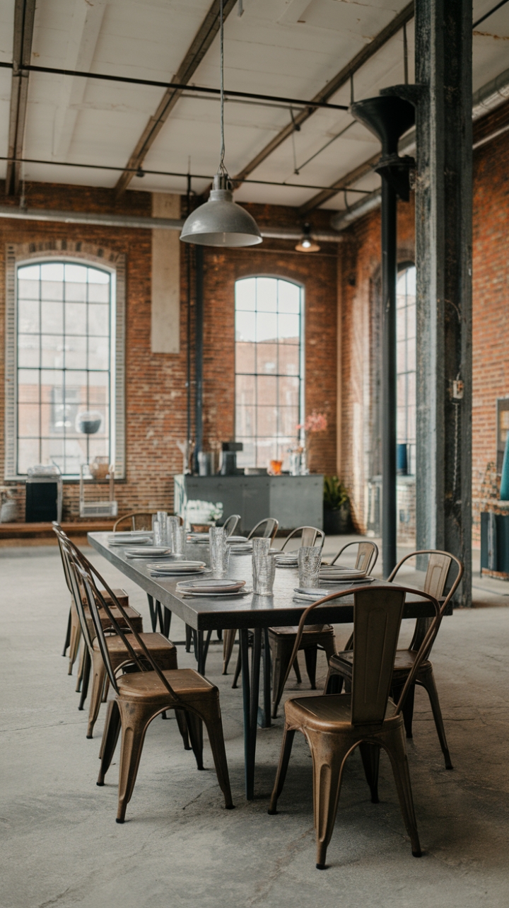 Raw industrial chic meets refined elegance in this breathtaking loft dining space. Exposed brick whispers stories of the building's past, while a sleek metal table and vintage chairs create a captivating contrast. The perfect setting for unforgettable gatherings.