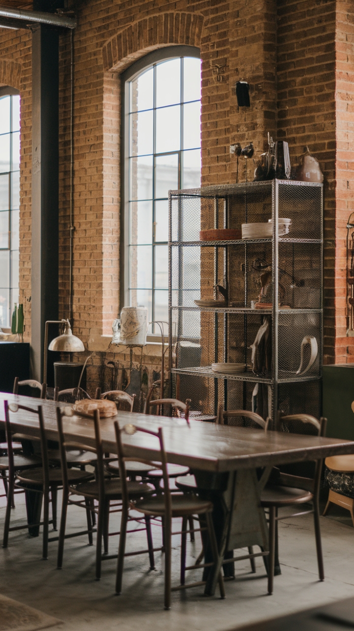Exposed brick and vintage charm collide in this captivating loft dining area. A long wooden table anchors the space, surrounded by mismatched chairs that tell a story. The perfect blend of rugged and romantic, this setting is ideal for unforgettable meals.
