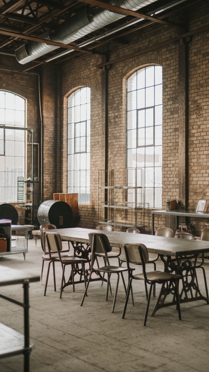 Reclaimed wood and aged metal collide in this warehouse-inspired dining room. High ceilings and exposed brick lend an air of raw authenticity, while the carefully chosen vintage chairs and industrial-style furniture pieces create a space that's both strikingly modern and wonderfully lived-in. A perfect blend of rustic charm and urban cool.
