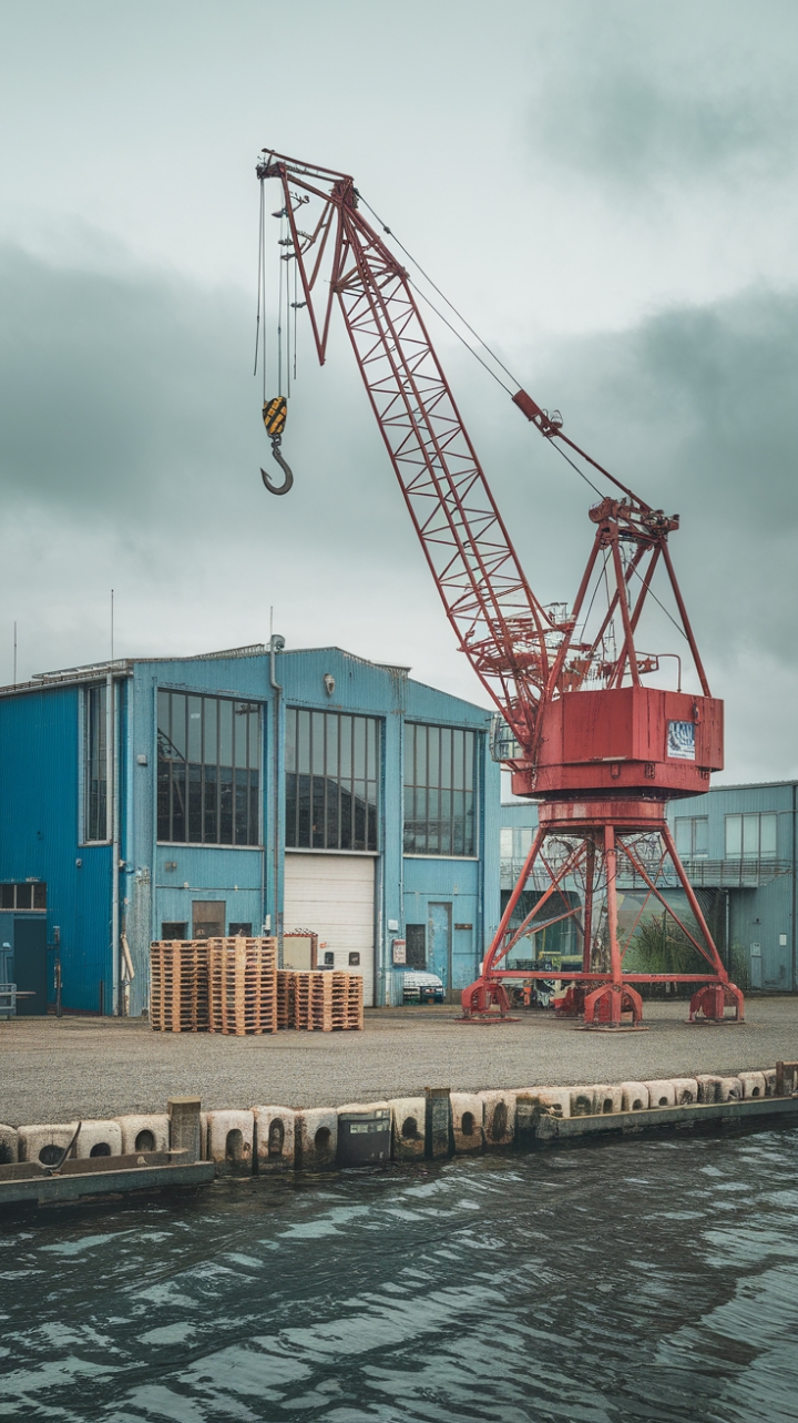 Where the sea meets the city's edge, a captivating narrative unfolds. A vibrant red crane, a symbol of industry and maritime might, stands sentinel over a landscape of weathered wood, gravel, and the promise of adventure. The imposing industrial buildings in the background add a layer of urban texture, while the overcast sky lends an air of moody sophistication. This is coastal industrial design at its most compelling.