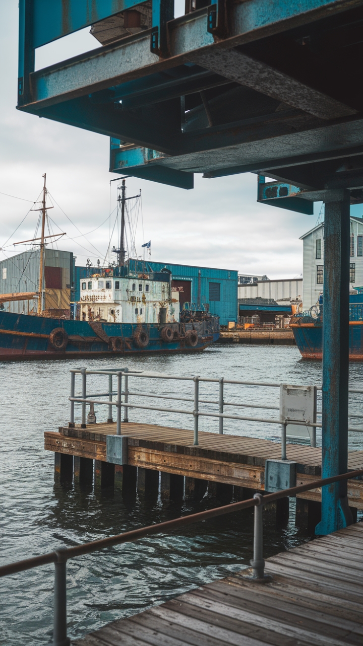 Ready to infuse your space with the raw, romantic charm of the coast? Imagine weathered wood, the salty tang of the sea air, and the rhythmic creak of ships at anchor. This scene captures the essence of industrial chic, where rusty ships meet nautical-inspired architecture, creating a breathtaking backdrop of urban grit and maritime romance. The aged wood of the dock, stretching towards the horizon, invites you to linger and soak in the atmosphere.