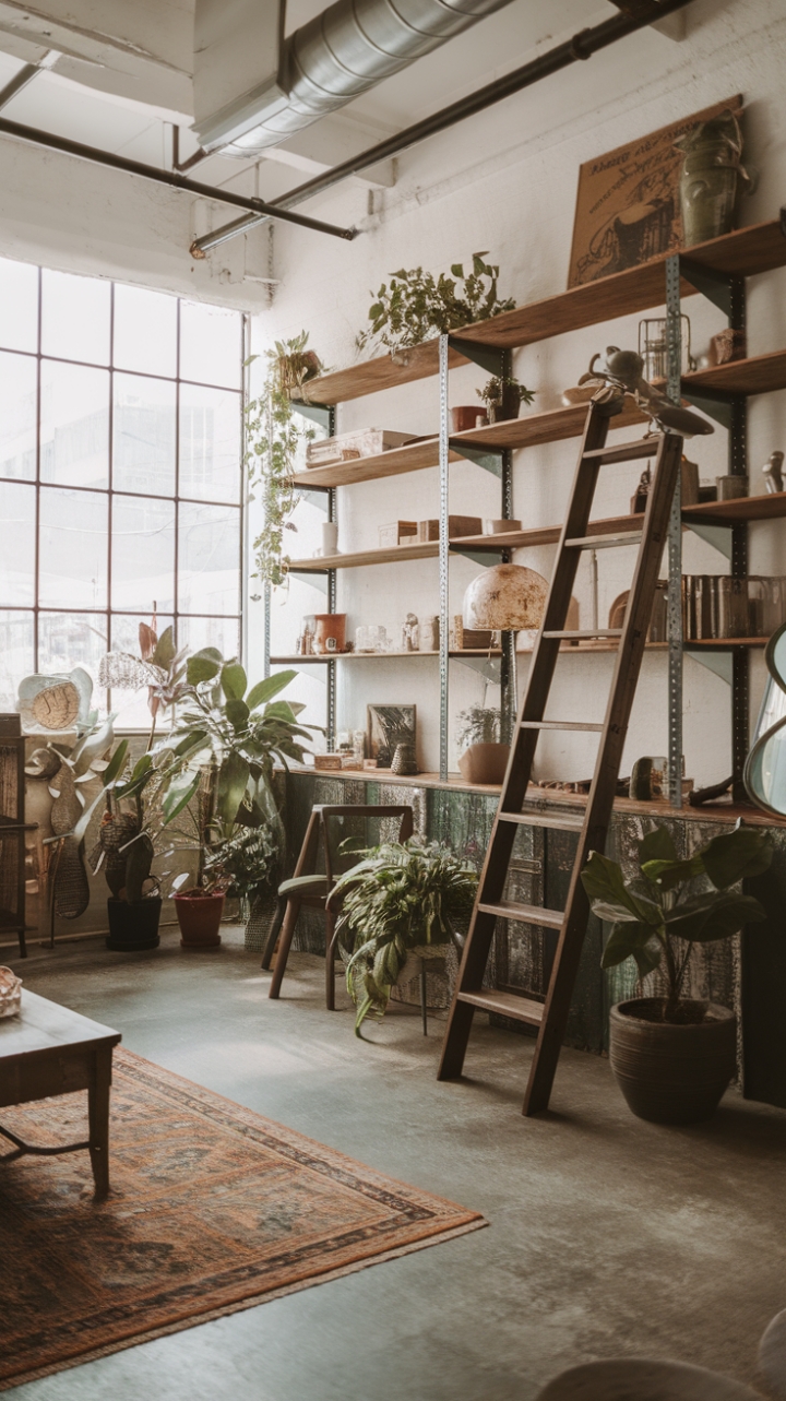 Ready to infuse your space with raw, rustic charm? This boho-industrial haven boasts soaring ceilings, sun-drenched warmth, and a captivating blend of vintage finds and reclaimed textures. Note the ingenious use of a metal ladder as shelving, the character-rich concrete floors, and the eclectic mix of potted plants and decorative accents that bring the space to life.