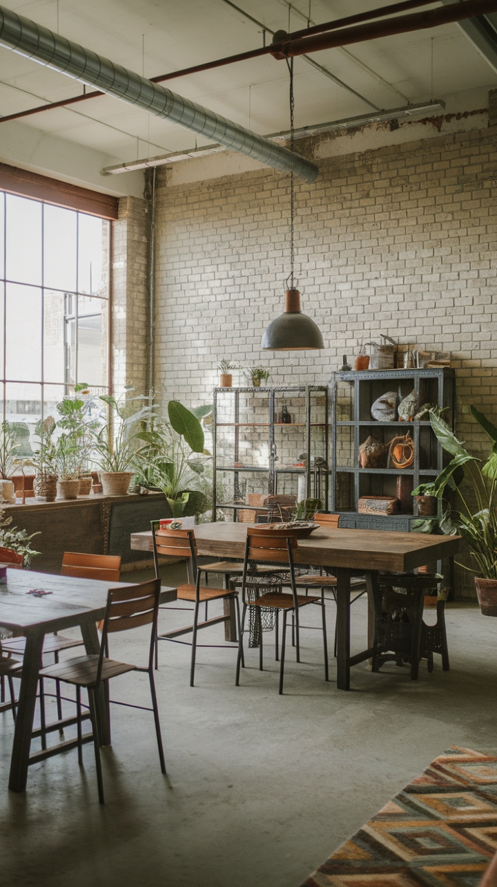 Ready to infuse your space with raw, rustic charm? This boho-industrial haven boasts soaring ceilings, exposed brick, and a symphony of reclaimed wood furniture, all anchored by a cool concrete floor. Vintage finds mingle effortlessly with modern metal accents, creating a space that's both lived-in and utterly captivating.
