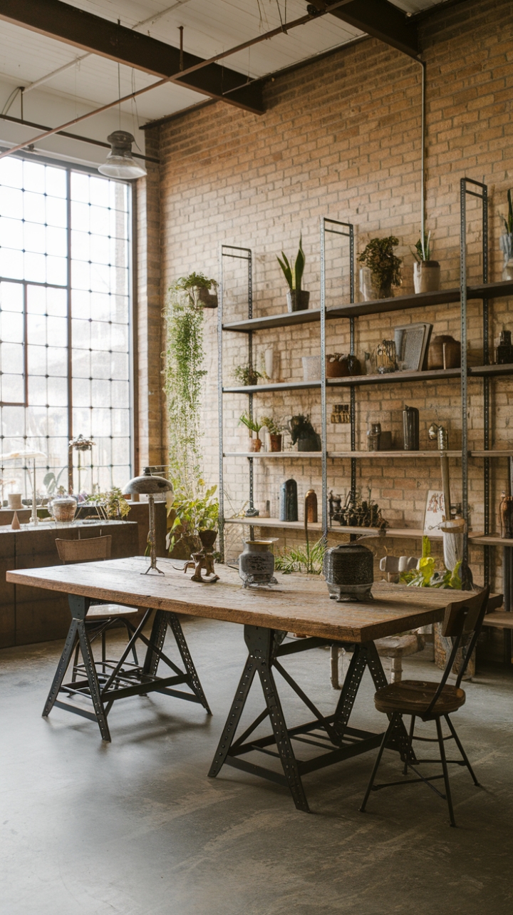 Raw textures meet refined style in this breathtaking boho-industrial haven. Exposed brick walls, a concrete floor, and a majestic reclaimed wood table create a captivating backdrop for eclectic accents and lush greenery, all bathed in glorious natural light. The high ceilings amplify the sense of airy spaciousness, while the carefully curated details whisper tales of vintage charm and modern artistry.
