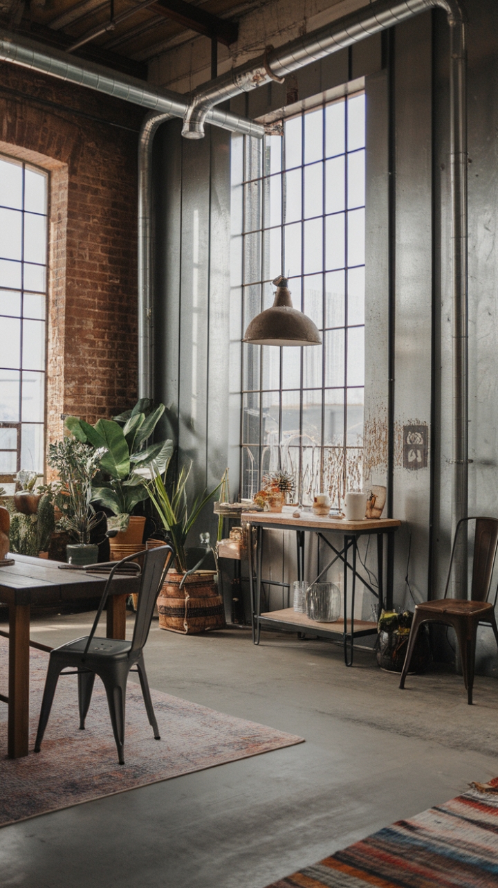 Imagine waking up in this haven of bohemian industrial style. High ceilings and exposed brick walls create a dramatic backdrop for a curated collection of vintage finds and modern accents. A rustic wooden table anchors the space, while a metal chair adds a touch of unexpected contrast. The concrete floor, softened by a plush rug and vibrant plants, speaks to the raw beauty of the warehouse conversion. It's a space where comfort meets character.