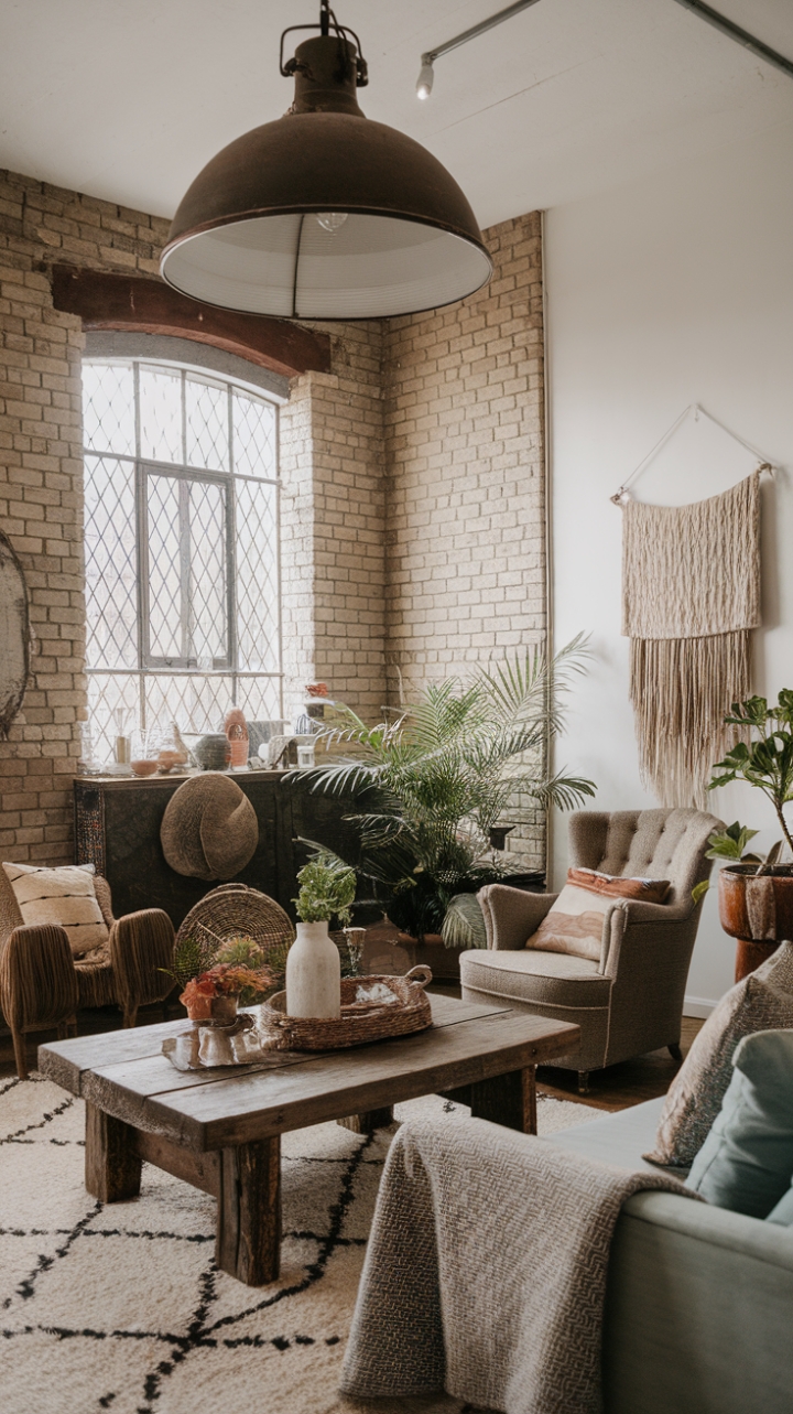 Unleash your inner bohemian in this captivating living room where industrial grit meets rustic charm. Exposed brick walls, a vintage armchair, and a statement industrial light fixture create a raw backdrop for a curated collection of textured textiles, eclectic décor, and lush greenery. The result? A space that's both lived-in and utterly stylish.