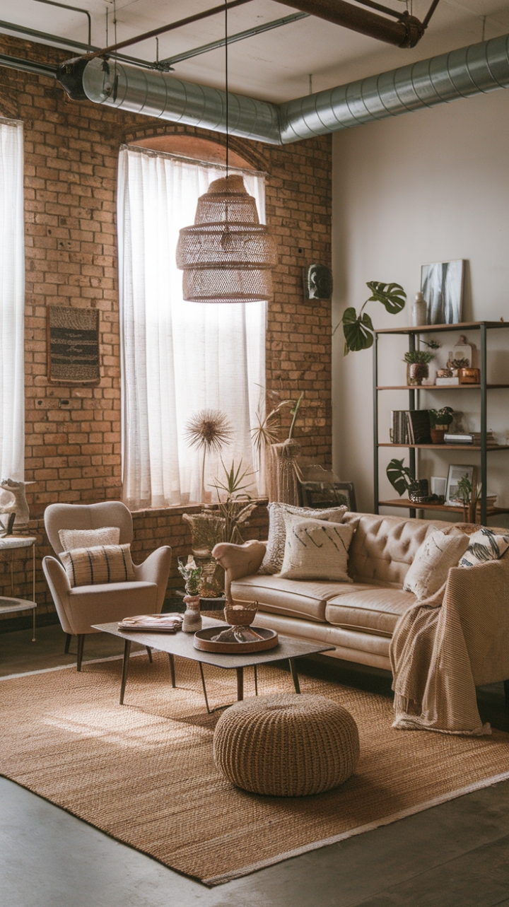 Craving a living room that's as unique as you are? This eclectic space effortlessly blends the warmth of bohemian style with the cool edge of industrial design. Vintage furniture pieces share the spotlight with exposed brick and pipes, creating a dynamic interplay of textures and eras. Think plush textiles, a curated bookshelf, and a relaxed seating arrangement – the recipe for a truly captivating and inviting room.