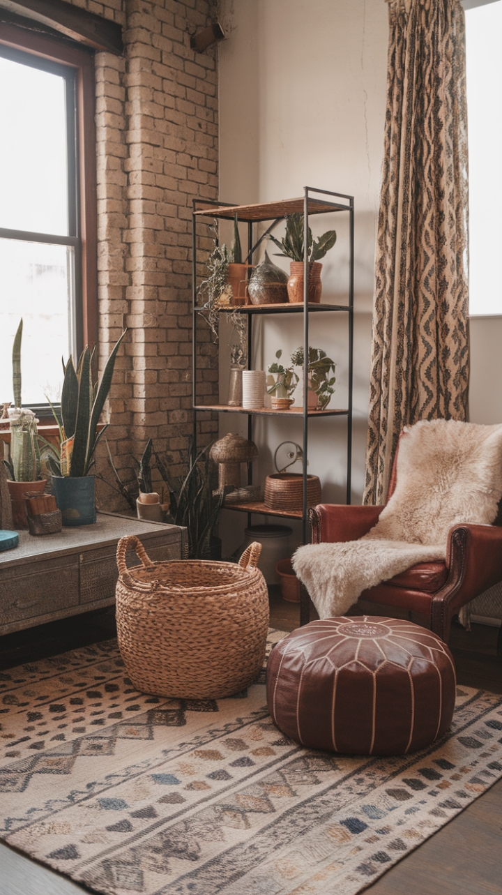 Unleash your inner bohemian in this captivating living room where vintage charm meets industrial edge. Exposed brick walls provide a raw backdrop for a curated collection of textures—a plush sheepskin throw, a woven basket brimming with personality, and a richly hued leather ottoman. The eclectic mix of furniture, from a worn armchair to a modern metal shelf overflowing with greenery, creates a space that's both lived-in and luxuriously layered.