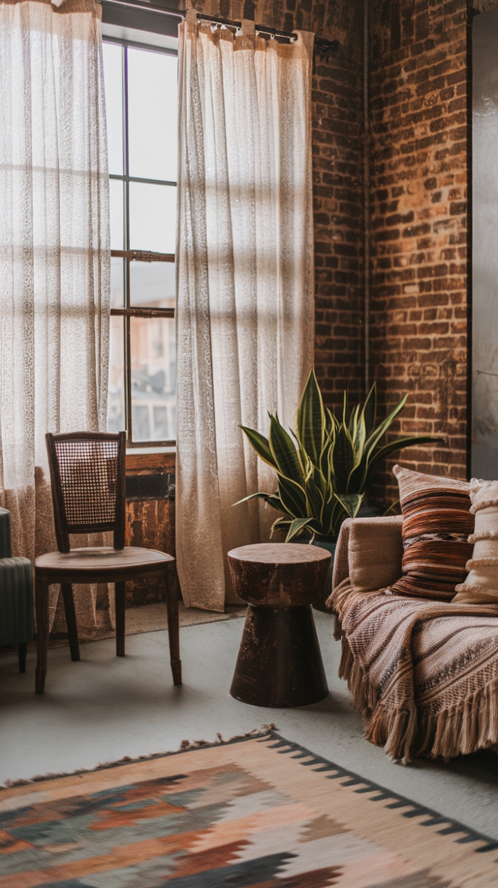 Urban grit meets bohemian soul in this captivating living room. Exposed brick walls play backdrop to a curated collection of textures—from the vintage wooden chair's worn patina to the plush, modern sofa draped in rich textiles. A geometric rug anchors the space, while a potted plant adds a touch of organic life, proving that industrial chic and bohemian warmth are the perfect pairing.