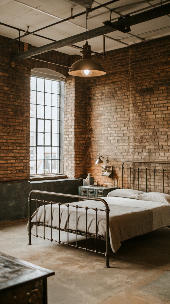 Raw urban grit meets refined industrial chic in this loft bedroom. Exposed brick, a distressed metal bed, and vintage lighting create a space that's both edgy and inviting. Minimalist decor lets the architectural details shine.