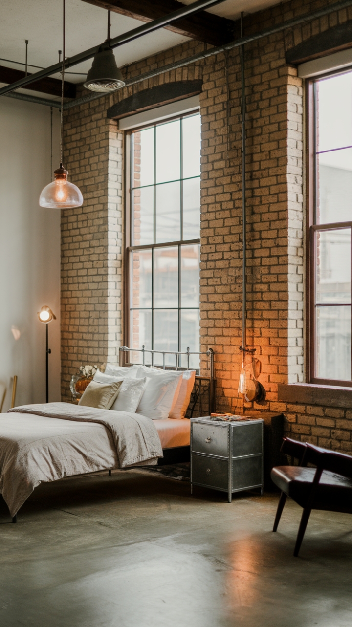 This isn't just a bedroom; it's a statement. A symphony of raw materials—exposed brick, concrete, and steel—harmonizes with vintage lighting and minimalist furnishings to create an industrial haven. The distressed textures and factory-inspired design tell a story of urban cool, while the carefully chosen details whisper of sophisticated comfort.