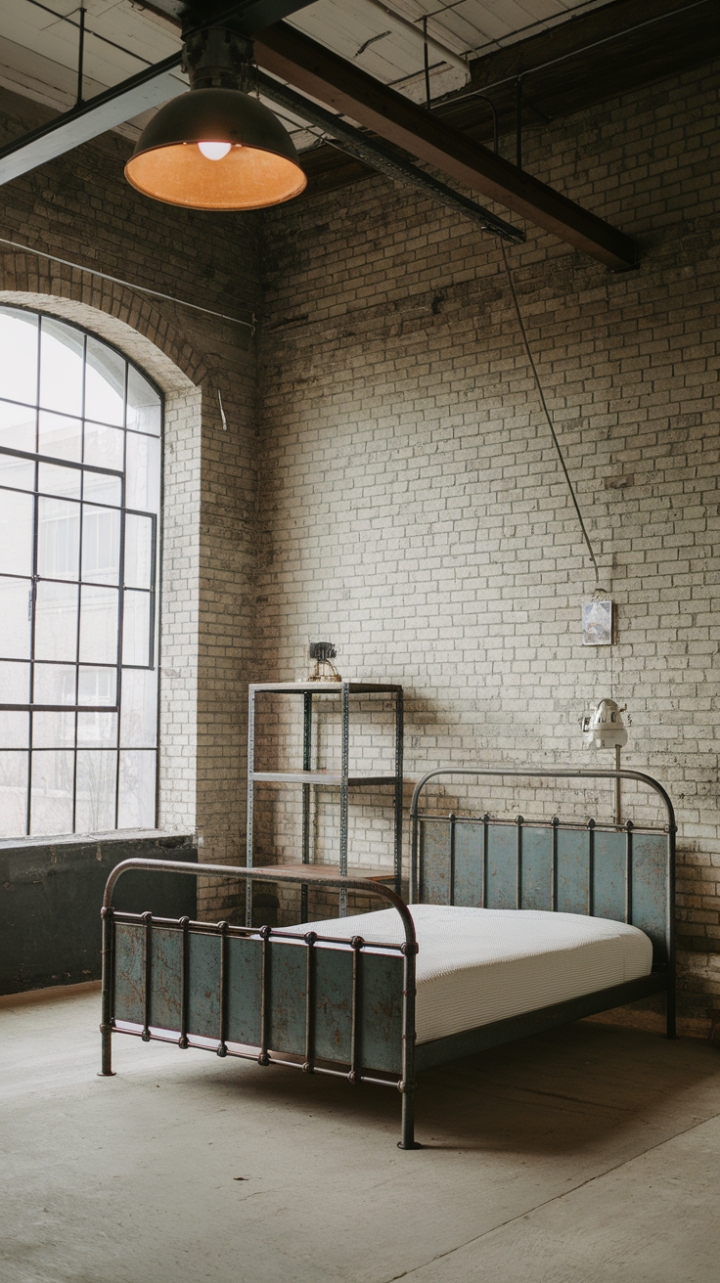 Raw, refined, and utterly captivating. This industrial-chic bedroom marries exposed brick walls and a high ceiling with the minimalist grace of a distressed metal bed and vintage lighting, creating a space that's both fiercely modern and wonderfully lived-in. The raw material flooring and simple metal shelving complete the look, a testament to the beauty of imperfection.