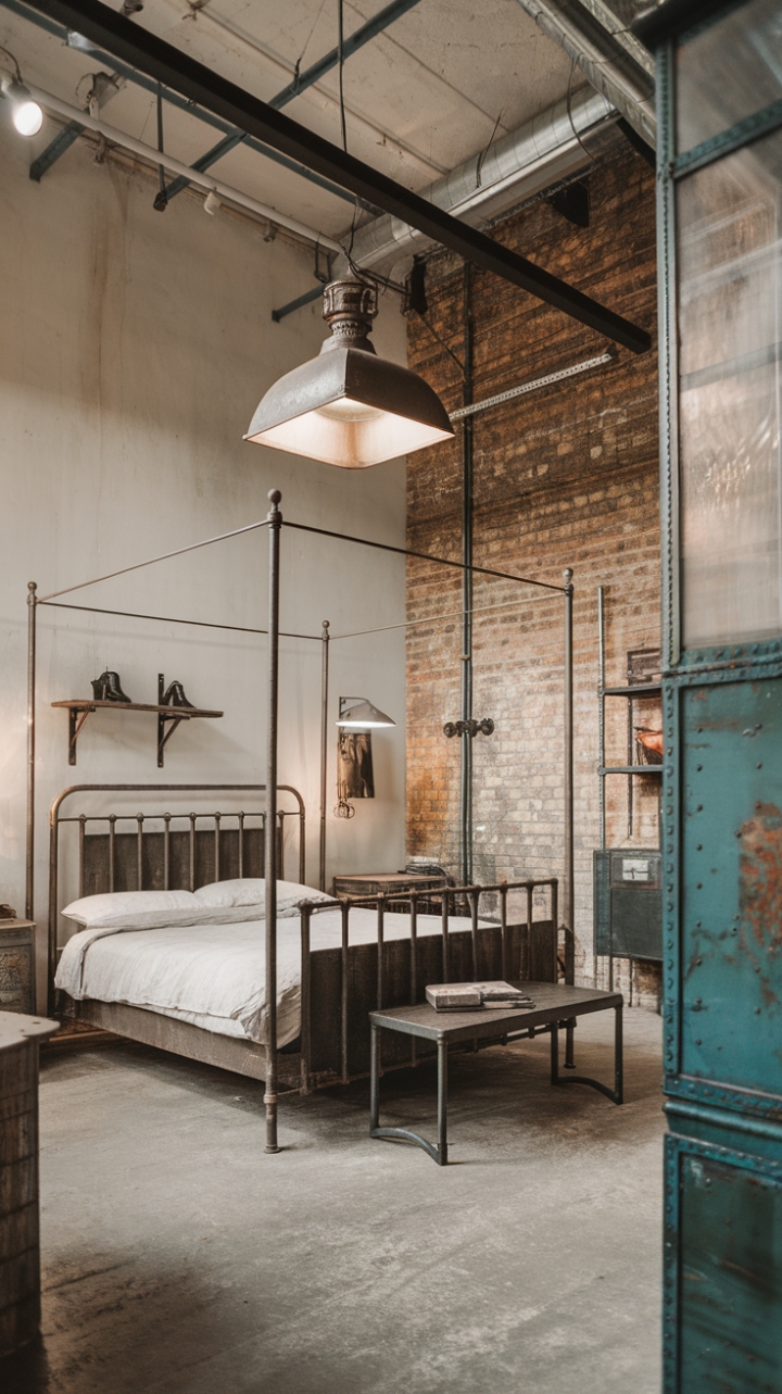 High ceilings and raw textures define this loft-style bedroom, where the beauty of imperfection shines. A curated collection of minimalist accents complements the exposed brick and metal furniture, forging a sophisticated industrial aesthetic that's both bold and inviting.
