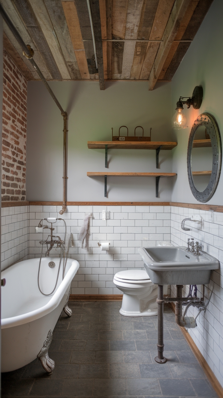 Ready to fall in love with a bathroom that's as captivating as it is comfortable? This vintage industrial farmhouse haven blends rustic charm with modern functionality. Exposed brick and wood create a raw, inviting backdrop for a freestanding tub, a vintage sink with an industrial faucet, and reclaimed wood shelving. The neutral palette of white, gray, and wood keeps the space feeling airy and bright, while the exposed pipes and vintage light fixture add a touch of character.