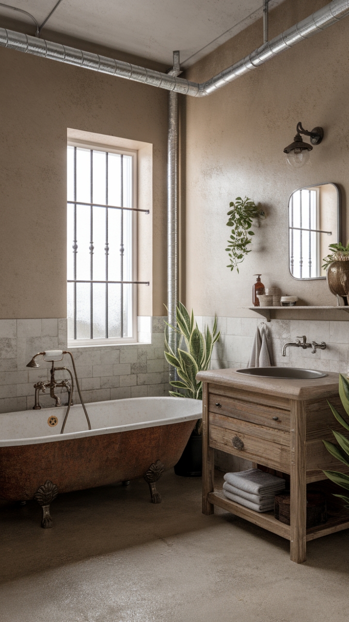 Raw texture meets refined style in this captivating bathroom retreat. Concrete floors and exposed pipes blend seamlessly with a rustic wooden vanity and a vintage clawfoot tub, creating a space that's both undeniably chic and wonderfully lived-in. The neutral color scheme allows the unique character of each element to shine, resulting in a truly unforgettable design.