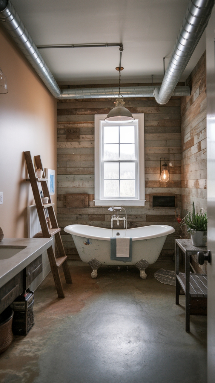 Ready to rediscover rustic charm? Imagine sinking into a freestanding tub beneath a vintage fixture, surrounded by reclaimed wood walls and the gentle glow of a lantern. Exposed pipes add an industrial edge, while pops of color and a potted plant bring a touch of life to this concrete-floored sanctuary. A ladder leading to a window completes the unique, inviting atmosphere.