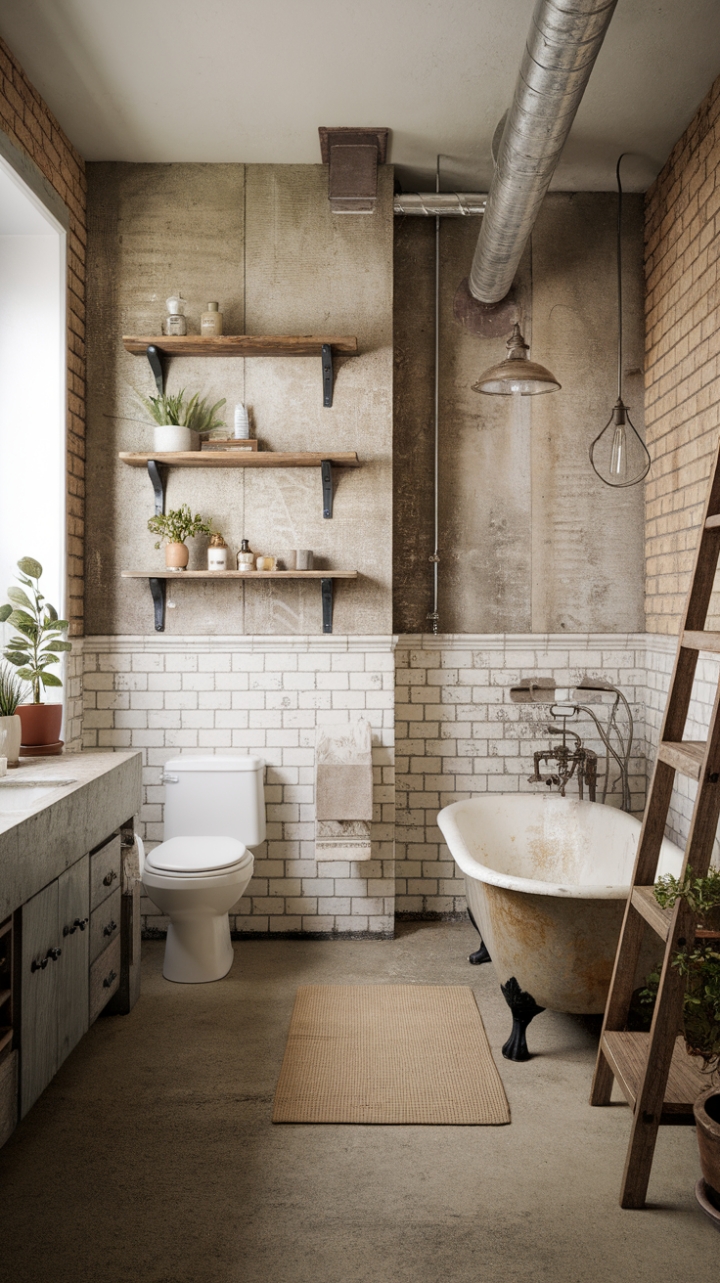 Rustic charm meets industrial edge in this breathtaking bathroom. Exposed brick walls, a vintage clawfoot tub nestled on a plush rug, and warm wood accents create a space that's both inviting and uniquely stylish. The concrete floor and exposed pipes add a touch of raw, industrial cool, while potted plants and a leaning ladder inject a dose of organic warmth. This is where vintage soul meets modern comfort.