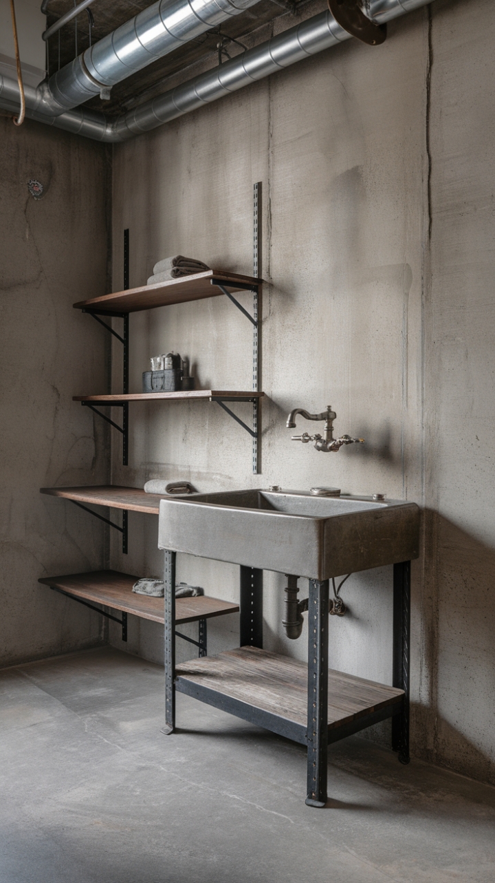 Raw concrete, exposed pipes, and a vintage industrial sink: This bathroom's minimalist design is a masterclass in rugged refinement. The perfect blend of urban grit and unexpected elegance.