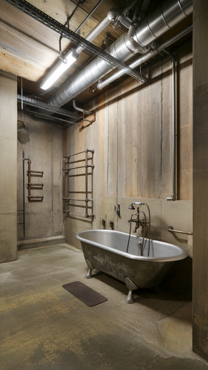 Ready to trade your spa-like sanctuary for a raw, urban retreat? This industrial bathroom boasts exposed pipes, a vintage clawfoot tub, and concrete walls that whisper tales of urban grit—all bathed in brilliant light. The result? Unexpectedly chic and undeniably cool.