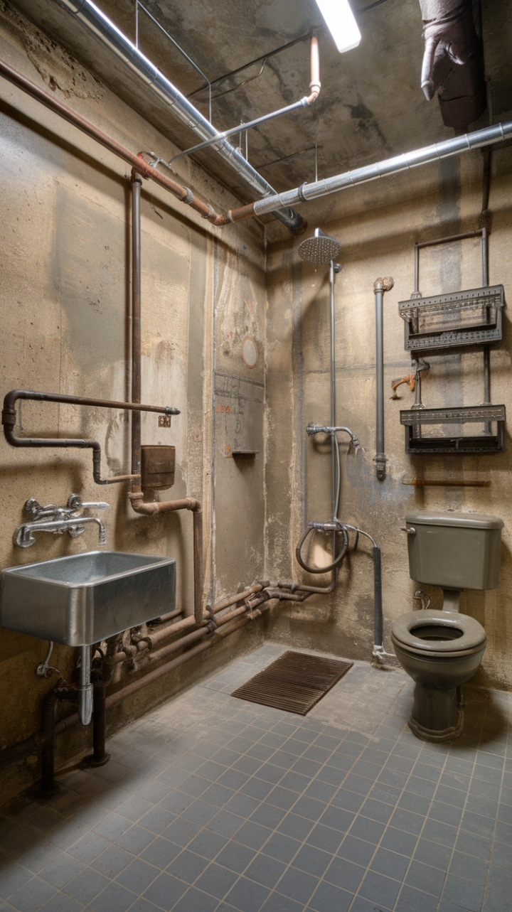 Unleash your inner urbanite in this breathtaking industrial bathroom. Raw concrete walls meet gleaming metal accents, creating a space that's both strikingly modern and undeniably cool. Exposed pipes add character, while the grey tile floor grounds the design in sleek sophistication.