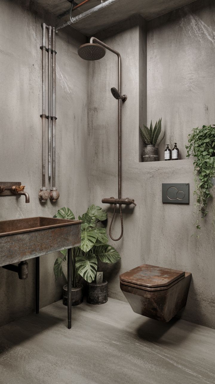 Unrefined elegance meets urban cool in this breathtaking bathroom. The juxtaposition of raw concrete walls and a vintage industrial aesthetic is both striking and surprisingly serene. Rustic charm meets modern functionality in this space where every detail, from the unique toilet design to the carefully chosen plants, tells a story.