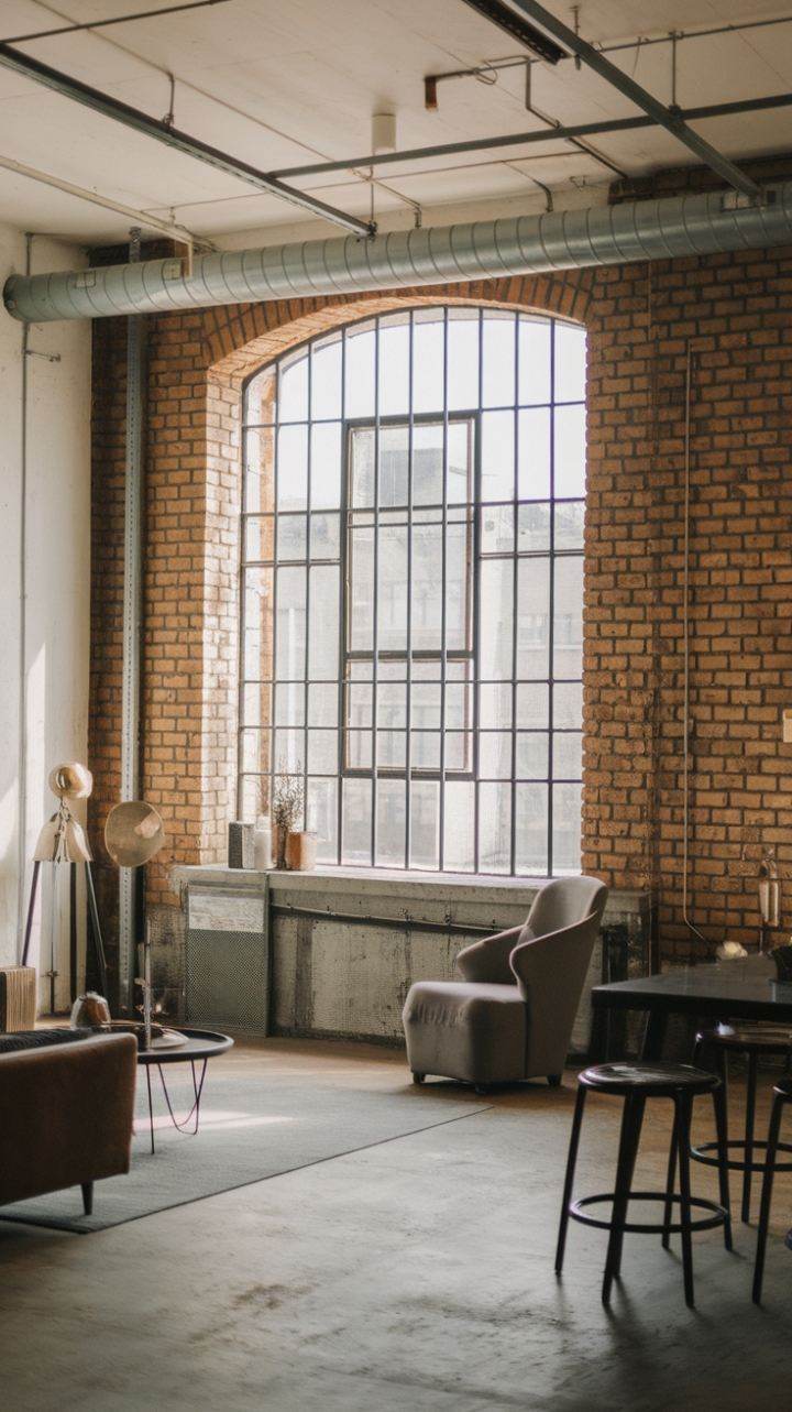 Ready to rethink urban chic? Raw brick walls meet minimalist design in this breathtaking loft, where vintage fixtures and industrial accents create a space that's both lived-in and utterly refined. The concrete floors and expansive window, framed by metal bars, bathe the room in natural light, highlighting the carefully curated furniture and the perfect balance of texture and simplicity.