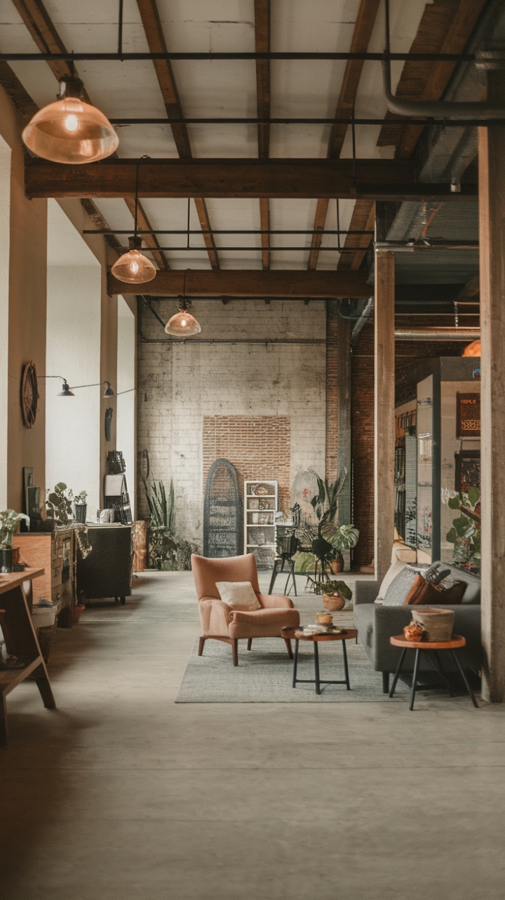 Exposed brick and soaring ceilings create a dramatic backdrop for a curated collection of vintage finds and sleek contemporary furniture. The interplay of raw materials and carefully chosen accents results in a space that's both strikingly stylish and surprisingly inviting—a haven of urban sophistication.